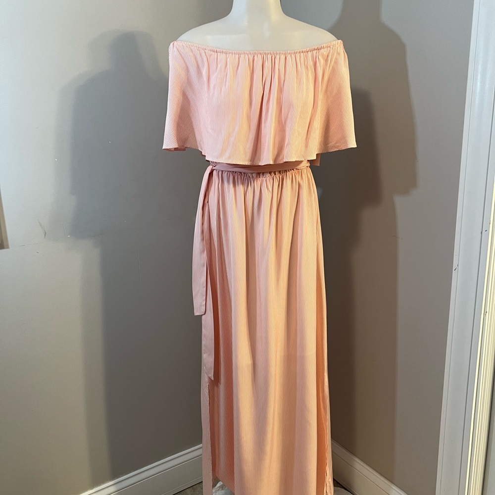 Sears Orange Ruffled Ruched Off-Shoulder Maxi Dress